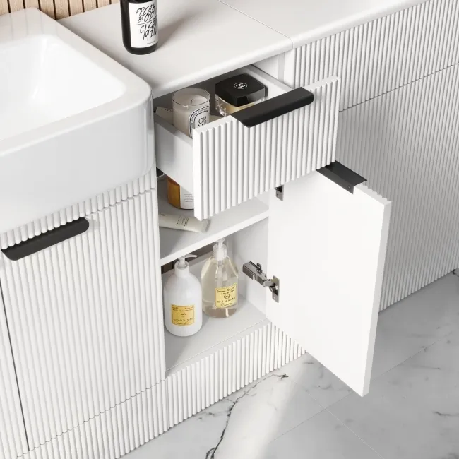 Sicily Fluted Coastal White Combination Vanity Basin and Aruba Toilet 1500mm - Black Accents