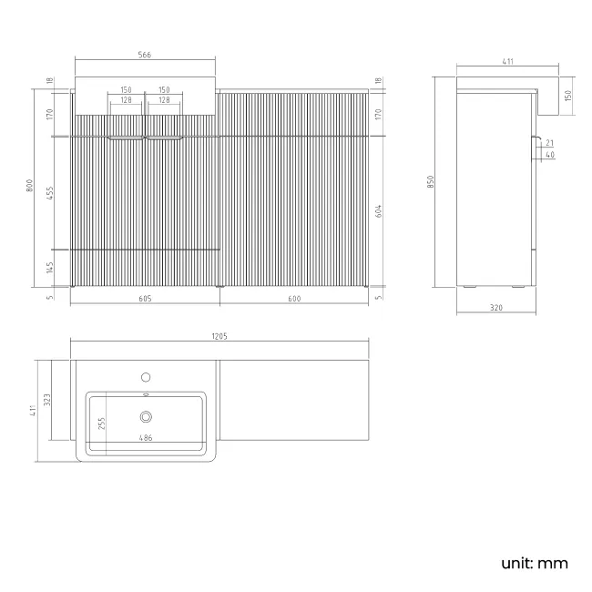 Sicily Fluted Coastal White Basin Vanity and Back To Wall Toilet Unit 1200mm (Excludes Toilet) - Brushed Brass Accents