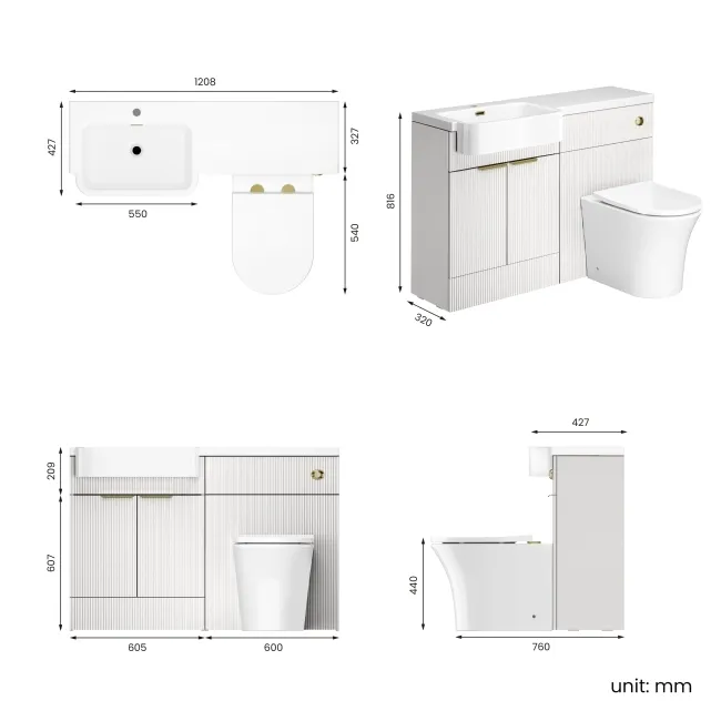 Sicily Fluted Coastal White Combination Vanity Basin and Tucson Toilet 1200mm - Brushed Brass Accents - Left Handed