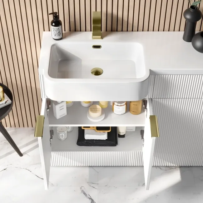 Sicily Fluted Coastal White Combination Vanity Basin and Houston Toilet 1200mm - Brushed Brass Accents - Left Handed