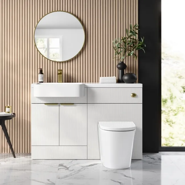 Sicily Fluted Coastal White Combination Vanity Basin and Boston Toilet 1200mm - Brushed Brass Accents - Left Handed