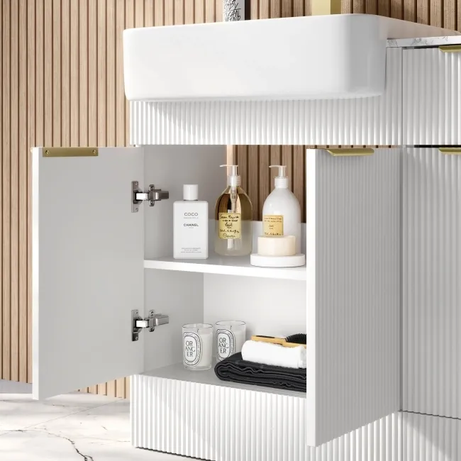 Sicily Fluted Coastal White Combination Vanity Basin with Marble Top & Houston Toilet 1500mm - Brushed Brass Accents