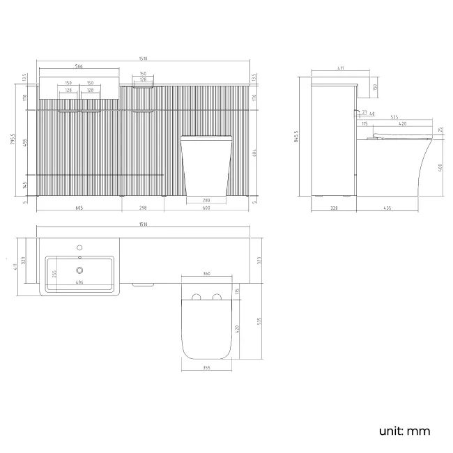 Sicily Fluted Coastal White Combination Vanity Basin with Marble Top & Houston Toilet 1500mm - Brushed Brass Accents