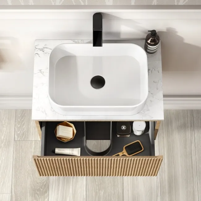Malta Fluted Country Oak Wall Hung Drawer Vanity with Marble Top & Marin Basin 600mm