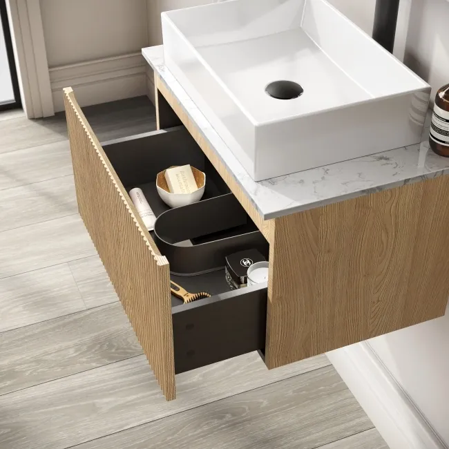 Malta Fluted Country Oak Wall Hung Drawer Vanity with Marble Top & Cody Basin 600mm