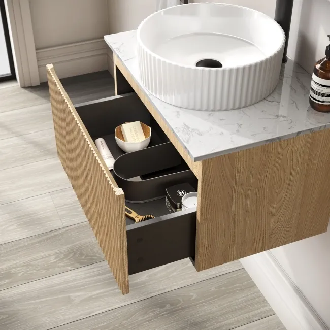 Malta Fluted Country Oak Wall Hung Drawer Vanity with Marble Top & Nevis Basin 600mm