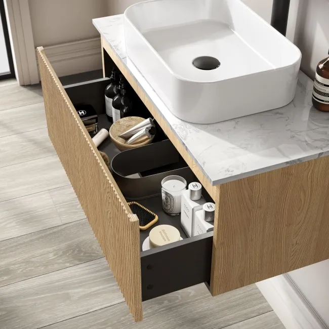 Malta Fluted Country Oak Wall Hung Drawer Vanity with Marble Top & Marin Basin 800mm
