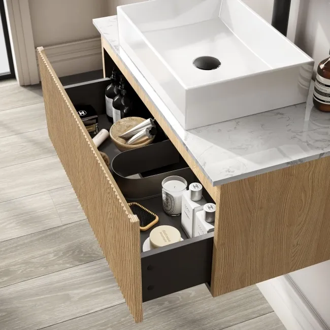Malta Fluted Country Oak Wall Hung Drawer Vanity with Marble Top & Cody Basin 800mm