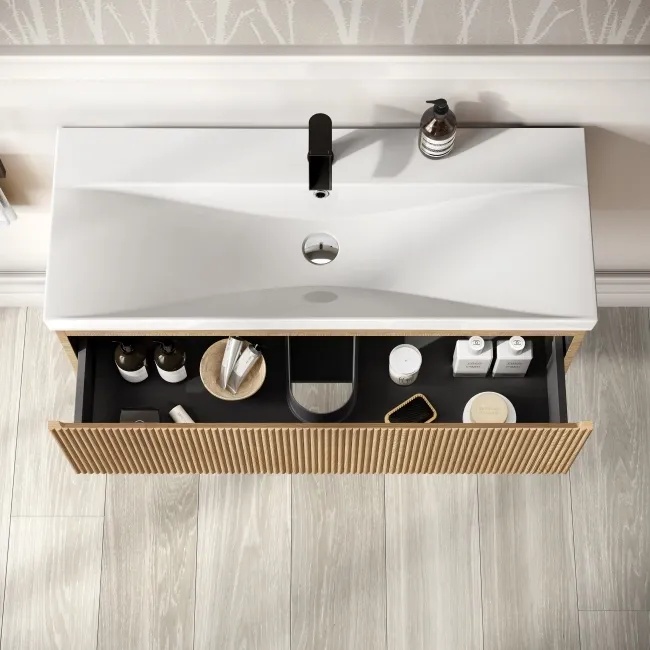 Malta Fluted Country Oak Wall Hung Basin Drawer Vanity 1000mm