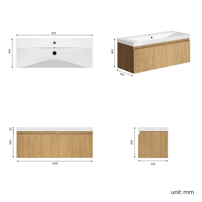 Malta Fluted Country Oak Wall Hung Basin Drawer Vanity 1000mm