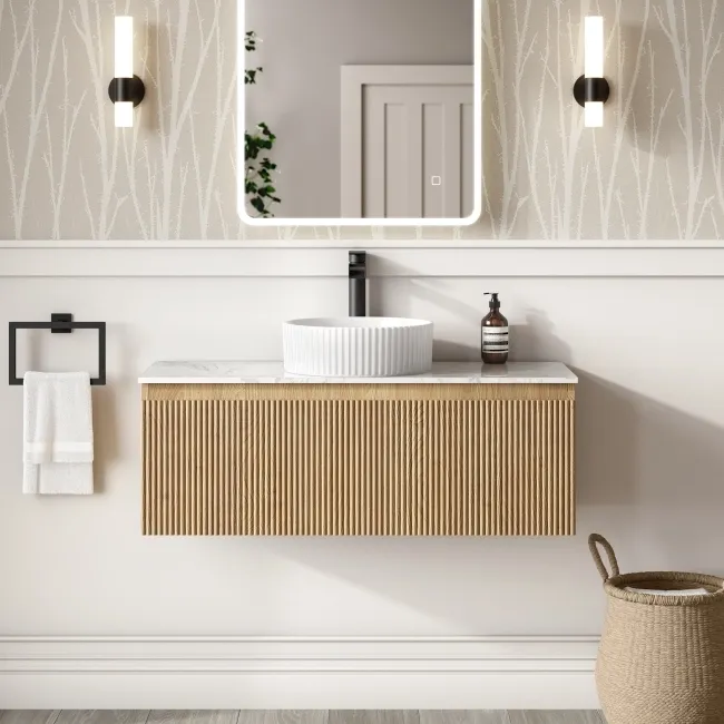 Malta Fluted Country Oak Wall Hung Drawer Vanity with Marble Top & Nevis Basin 1000mm