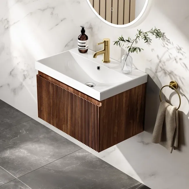 Malta Fluted Black Walnut Wall Hung Basin Drawer Vanity 600mm