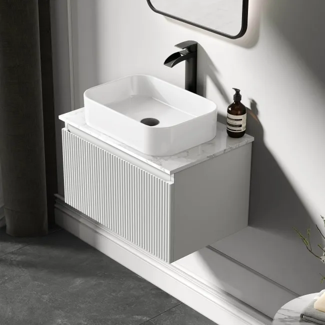 Malta Fluted Coastal White Wall Hung Drawer Vanity with Marble Top & Marin Basin 600mm