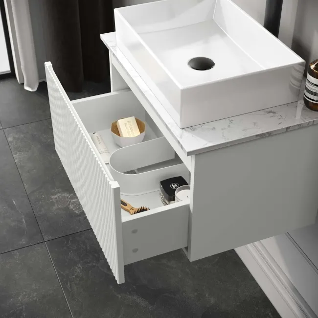 Malta Fluted Coastal White Wall Hung Drawer Vanity with Marble Top & Cody Basin 600mm