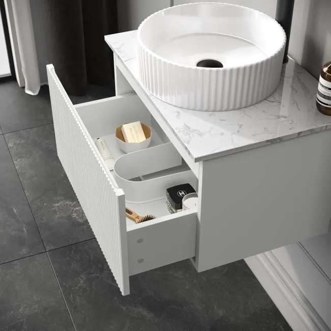 Malta Fluted Coastal White Wall Hung Drawer Vanity with Marble Top & Nevis Basin 600mm