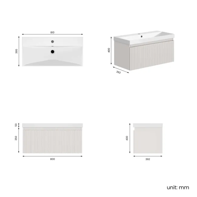 Malta Fluted Coastal White Wall Hung Basin Drawer Vanity 800mm