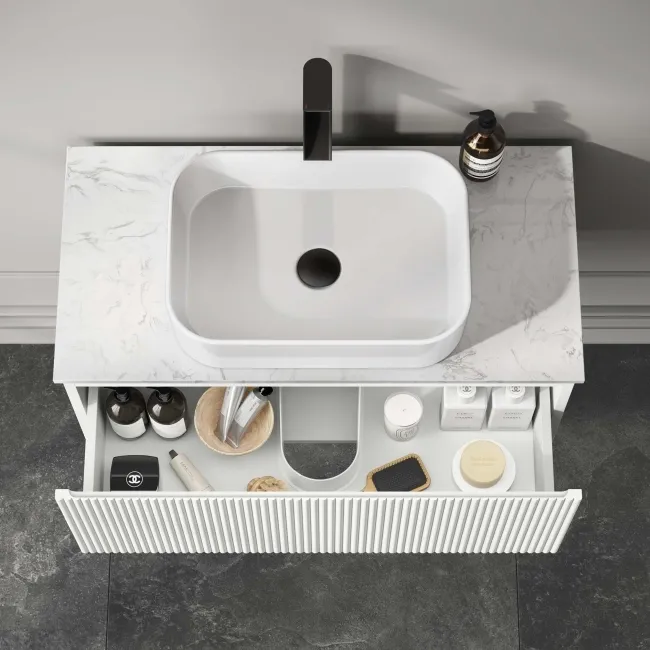 Malta Fluted Coastal White Wall Hung Drawer Vanity with Marble Top & Marin Basin 800mm