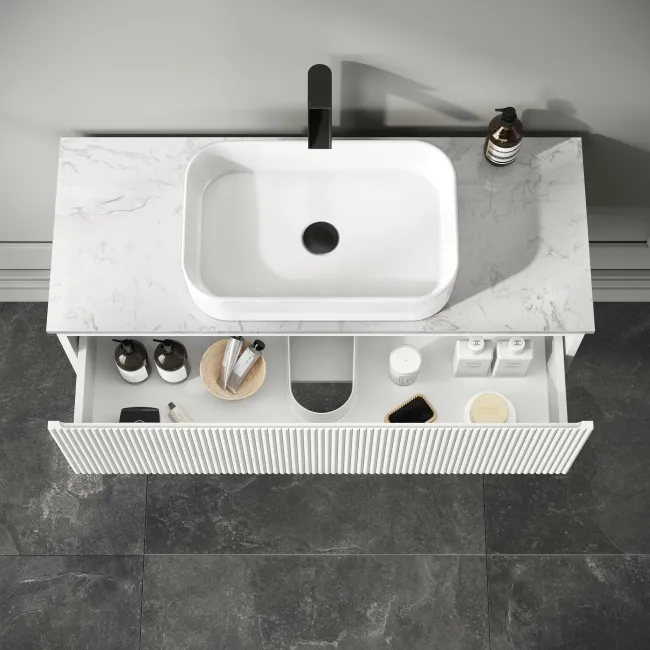 Malta Fluted Coastal White Wall Hung Drawer Vanity with Marble Top & Marin Basin 1000mm