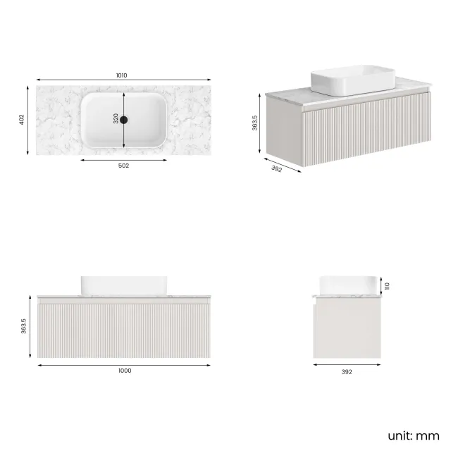 Malta Fluted Coastal White Wall Hung Drawer Vanity with Marble Top & Marin Basin 1000mm