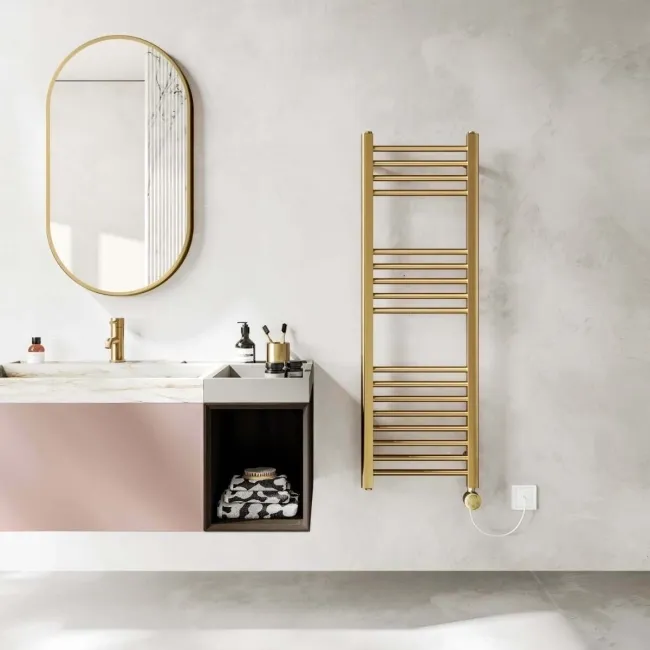 Barcelona Electric Brushed Brass Straight Heated Towel Rail 1200x400mm