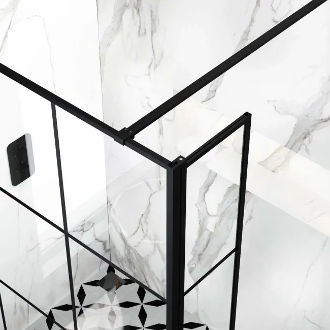 Munich Matt Black Grid 8mm Wet Room Shower Glass 900mm & 250mm Pivotal Return Panel