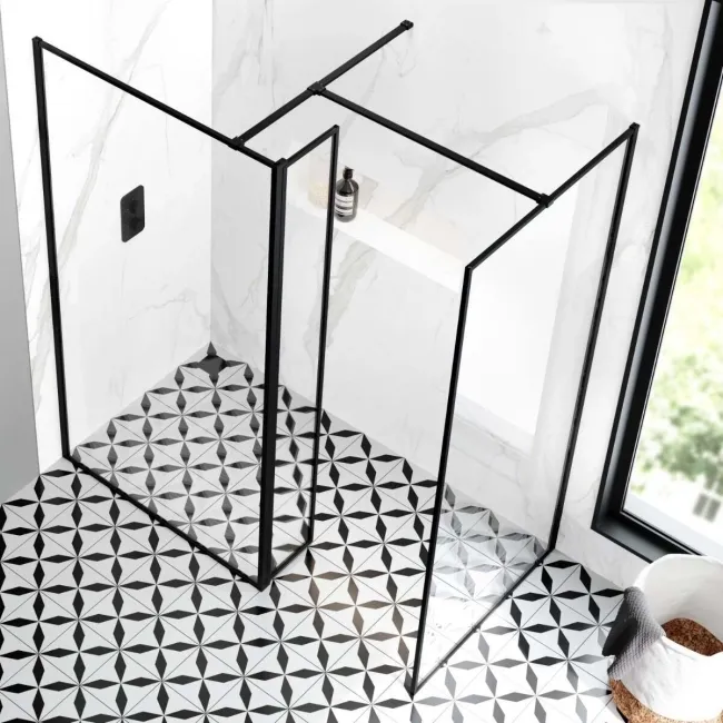 Munich Matt Black Framed 8mm Walk In Shower Enclosure 1000mm & 900mm Glass with Pivotal Return Panel