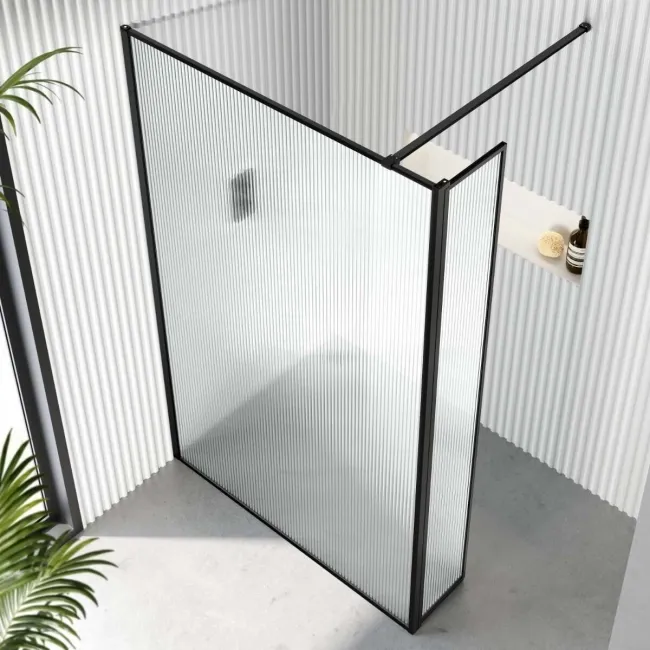 Munich Fluted Effect Matt Black Framed 8mm Wet Room Shower Glass 1200mm & 250mm Pivotal Return Panel