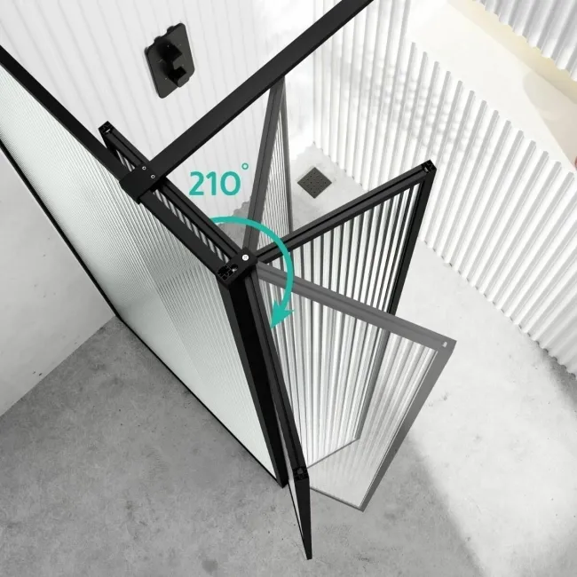 Munich Fluted Effect Matt Black Framed 8mm Wet Room Shower Glass 1200mm & 250mm Pivotal Return Panel