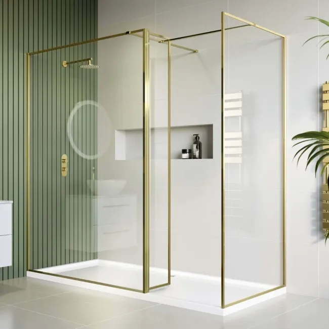 Munich Brushed Brass Framed 8mm Walk In Shower Enclosure 1400mm & 900mm Glass with Return Panel