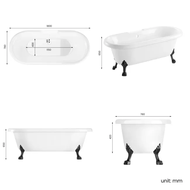 Grosvenor 1800mm Roll Top Bath - Black Claw Feet