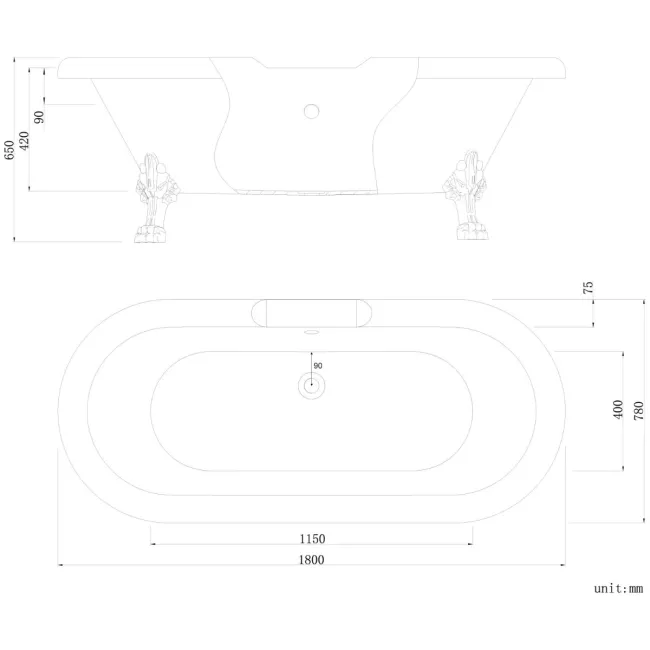 Grosvenor 1800mm Roll Top Bath - Black Claw Feet