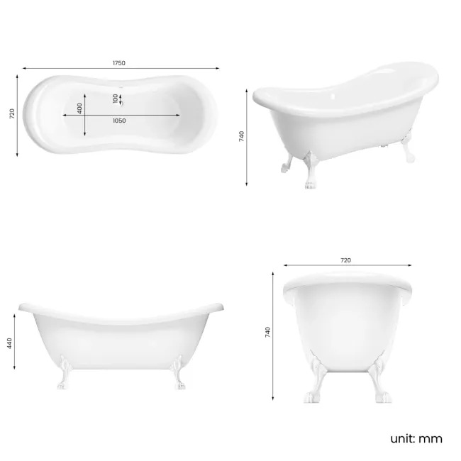 Tonbridge 1750mm Roll Top Bath - White Claw Feet