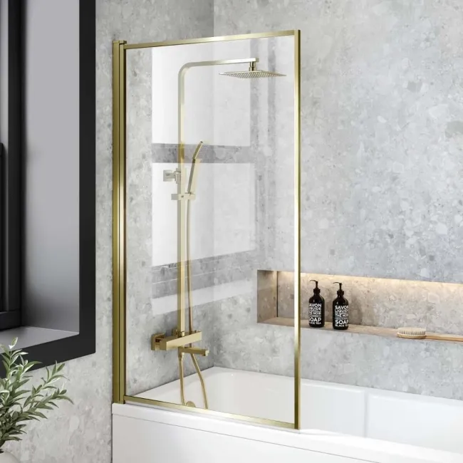 Dover 1500x750 Keyhole Shower Bath & 6mm Easy Clean Brushed Brass Framed Bath Screen