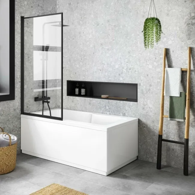 Dover 1600x750 Keyhole Shower Bath & 6mm Easy Clean Matt Black Framed Bath Screen
