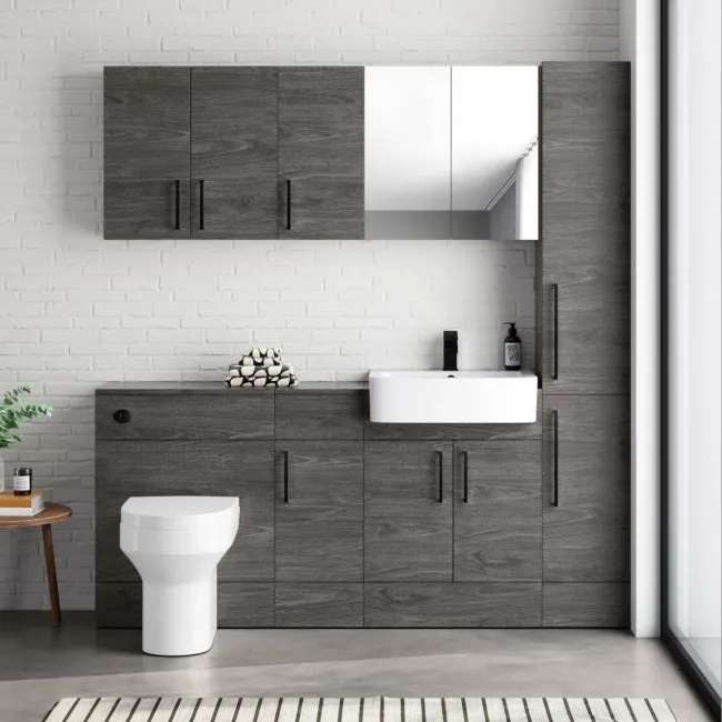 Harper Charcoal Elm Floor Standing Tall Cabinet Unit 1900x300mm - Black Touch