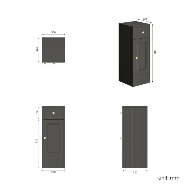 Monaco Graphite Grey Side Cabinet Unit 300mm - Brushed Brass Accents
