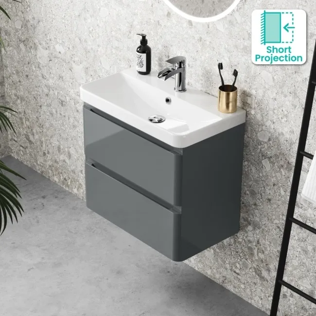 Corsica Storm Grey Wall Hung Slimline Basin Drawer Vanity 600mm
