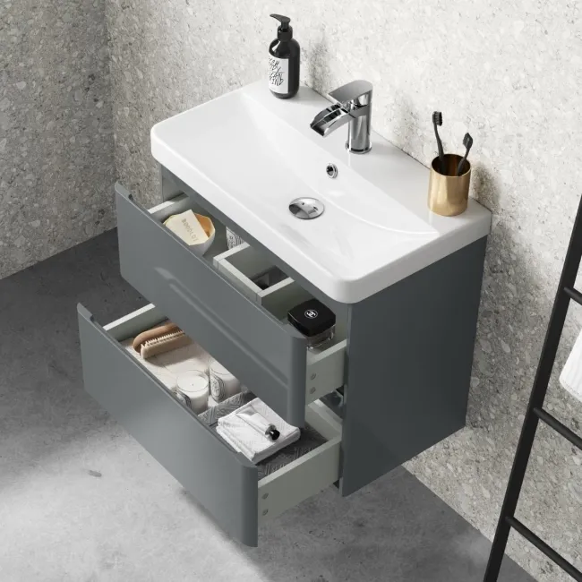 Corsica Storm Grey Wall Hung Slimline Basin Drawer Vanity 600mm