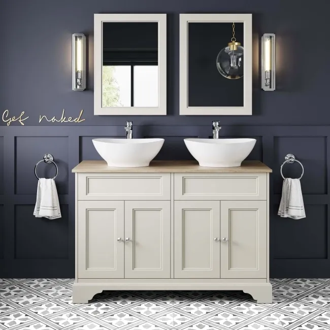 Lucia Chalk White Double Vanity With Oak Effect Top & Oval Counter Top Basin 1200mm