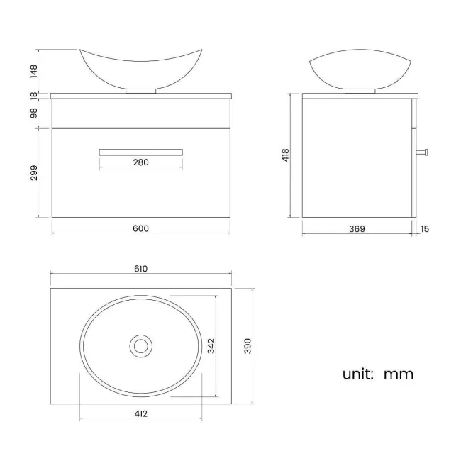 Avon Gloss White Wall Hung Drawer Vanity with Oval Counter Top Basin 600mm