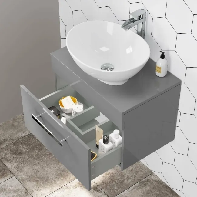 Avon Stone Grey Wall Hung Drawer Vanity with Oval Counter Top Basin 600mm