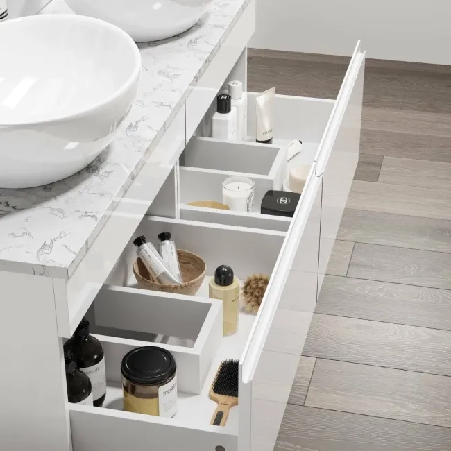 Trent Gloss White Double Wall Hung Drawer Vanity with Marble Top & Oval Counter Top Basin 1200mm