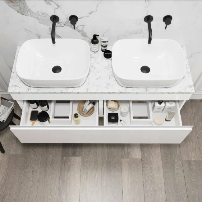 Trent Gloss White Double Wall Hung Drawer Vanity with Marble Top & Curved Counter Top Basin 1200mm