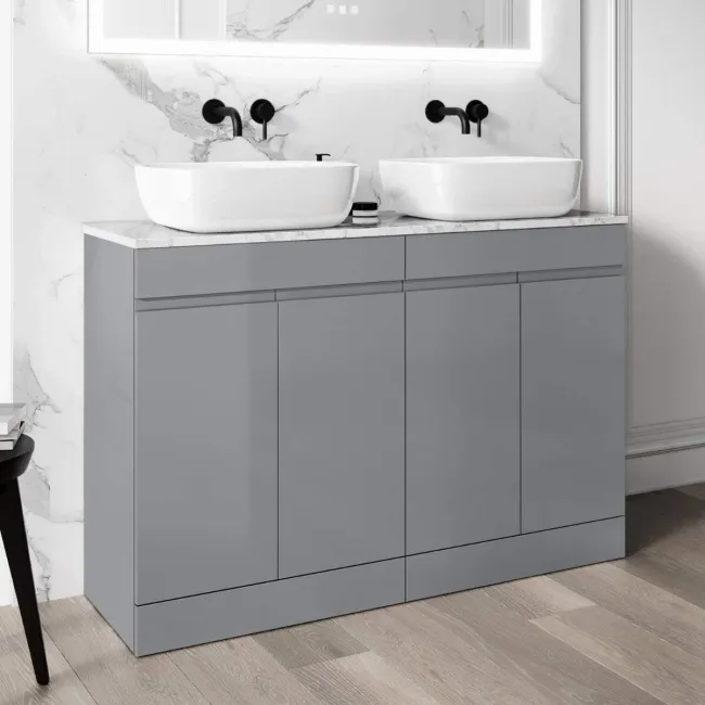 Trent Stone Grey Double Vanity with Marble Top & Curved Counter Top Basin 1200mm