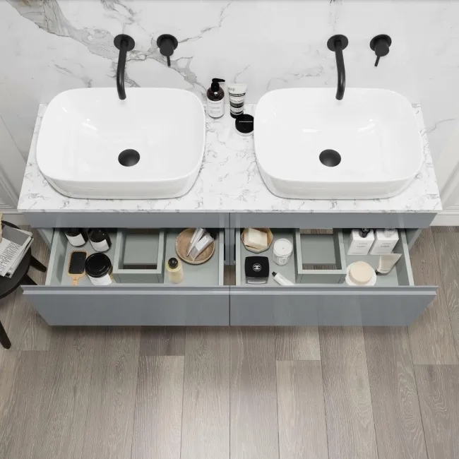 Trent Stone Grey Double Wall Hung Drawer Vanity with Marble Top & Curved Counter Top Basin 1200mm