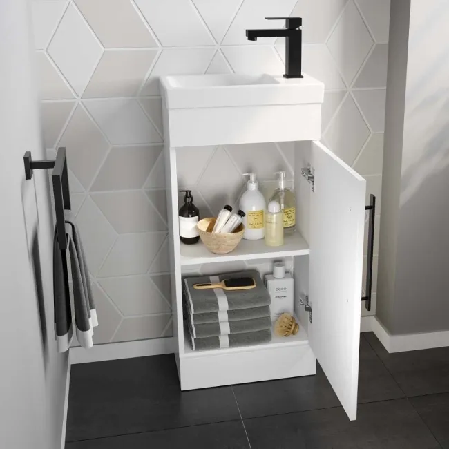 Avon Gloss White Cloakroom Floor Standing Basin Vanity 400mm - Black Accents