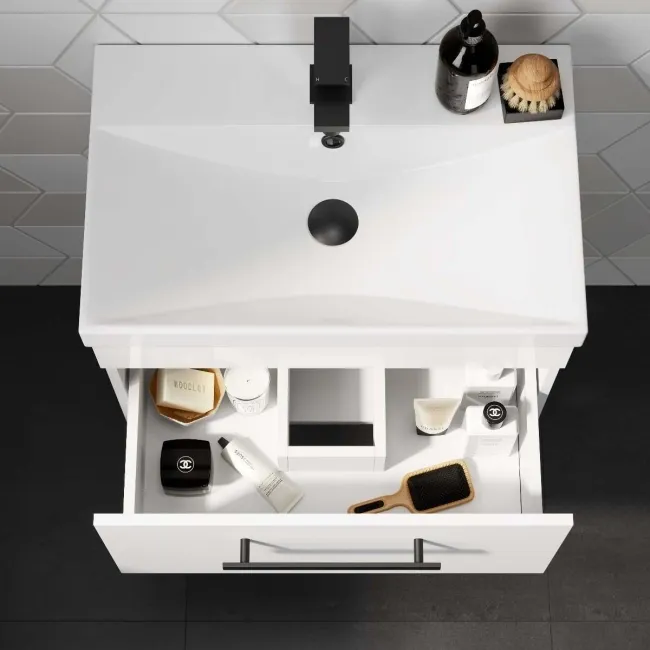 Avon Gloss White Wall Hung Basin Drawer Vanity 600mm - Black Accents