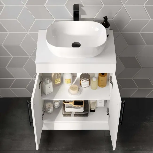 Avon Gloss White Vanity with Curved Counter Top Basin 600mm - Black Accents