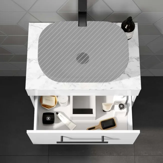 Avon Gloss White Wall Hung Counter Top Vanity with Marble Top 600mm - Black Accents