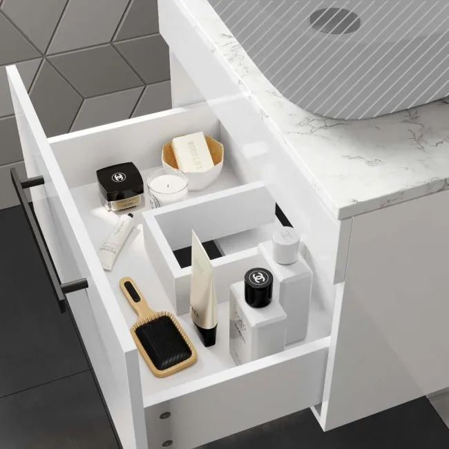 Avon Gloss White Wall Hung Counter Top Vanity with Marble Top 600mm - Black Accents